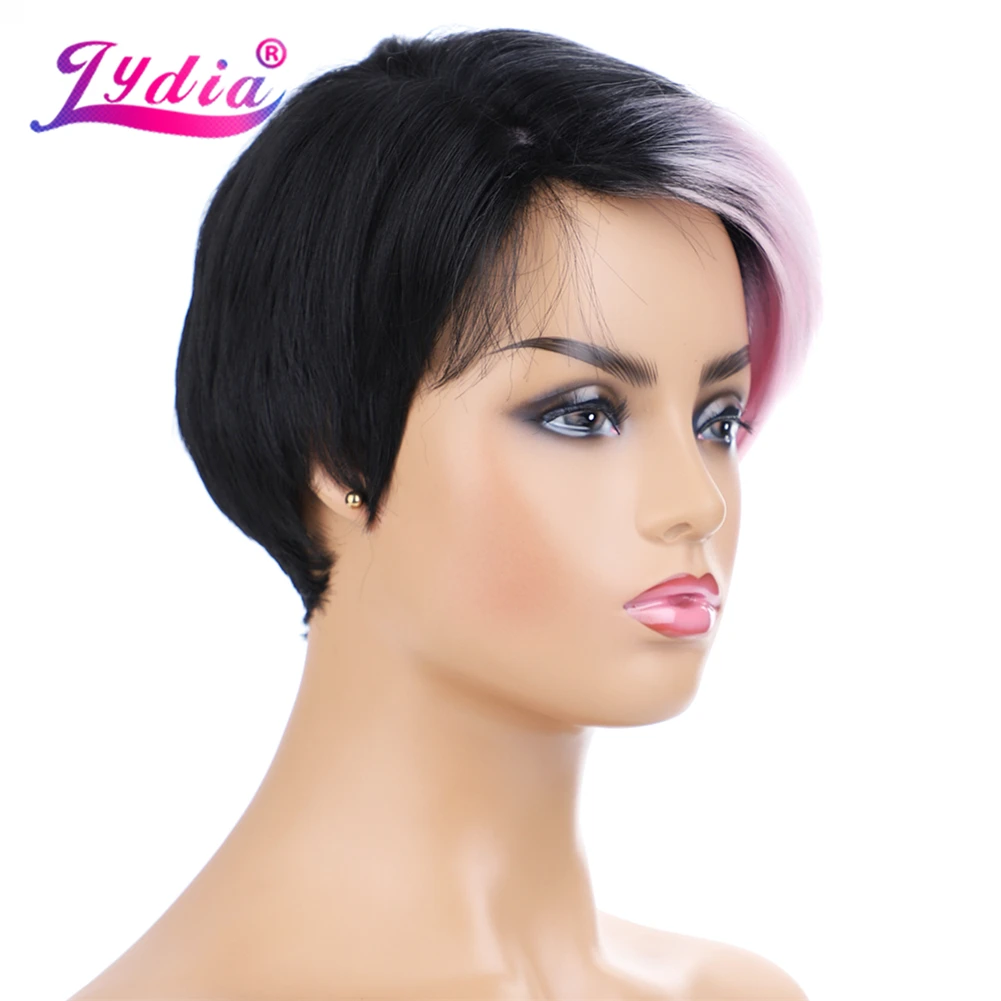 Лидия для женщин короткие прямые синтетические парики 8 дюймов натуральный смешанный цвет парик FT1B/розовый с левой стороны взрыва афроамериканские парики