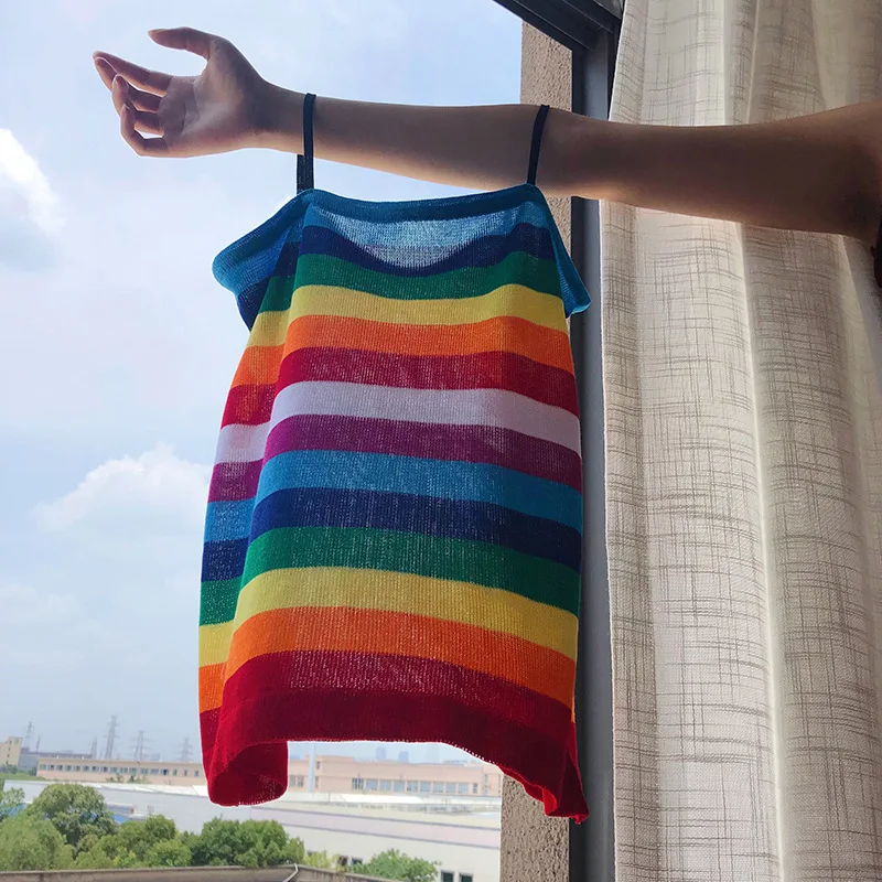 HLHPYHB Rainbow Stripes Tanks Vest Women Sexy Female Knitted Tanks Tops Summer Holiday Beach Camisole Fashion Thin Straps Camis