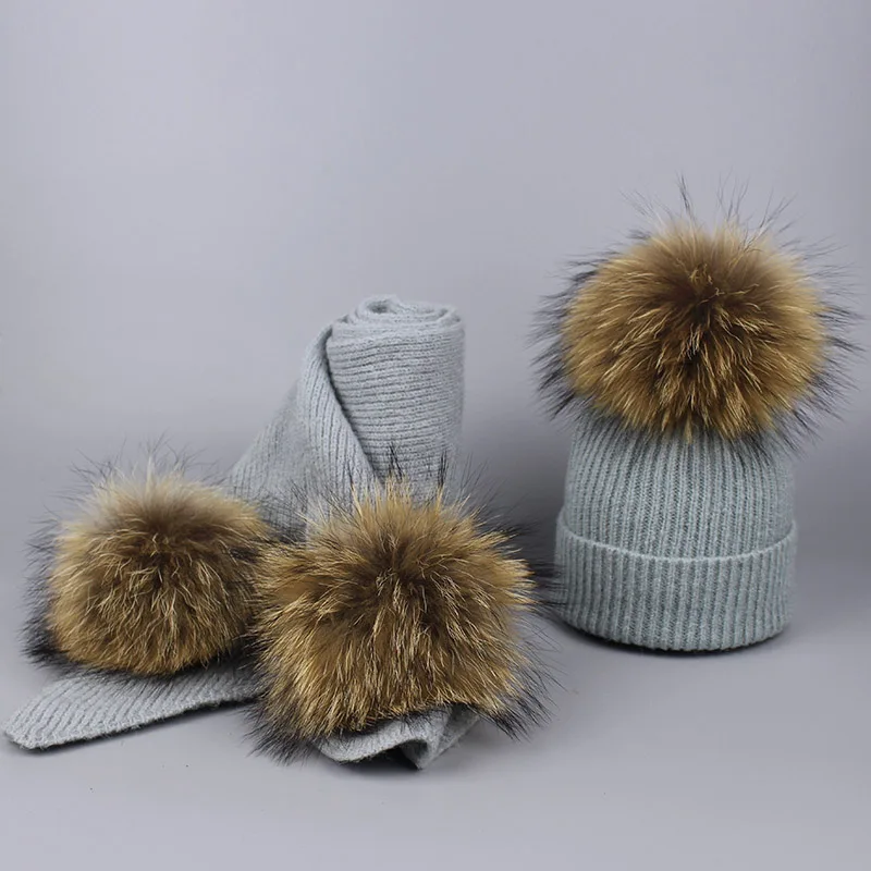 New Real Fur Pom Poms Winter Wool Hat And Scarf Set For Women Children Girl Cute Hat Knitted Warm Beanies Soft Thick Scarves Set - Цвет: C