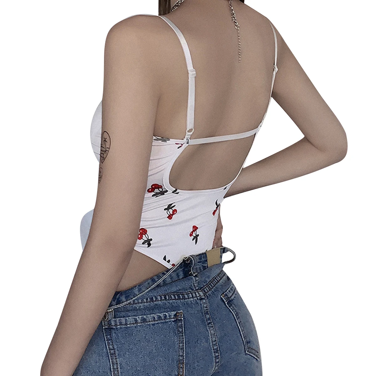 Women Rompers Sexy Cami Bodysuit, Spaghetti Strap V Neck Cherry Print Backless Bodycon Jumpsuit