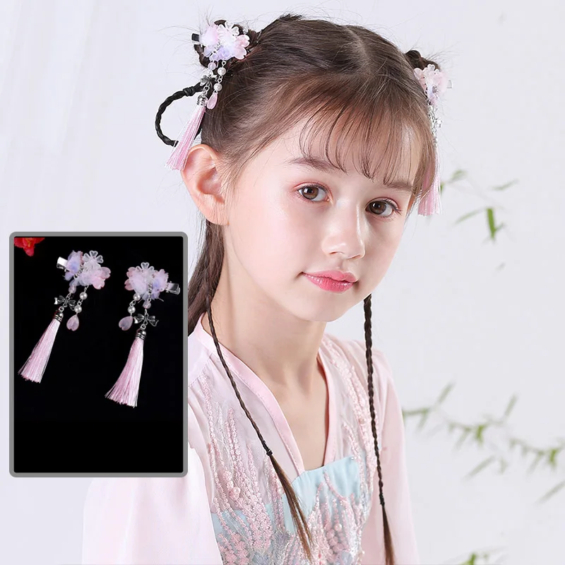 Головной убор Hanfu для девочек, супер волшебный древний головной убор Hanfu, аксессуары для волос, детская голова, цветок, кисточка, принцесса, аксессуары, шпилька, ретро