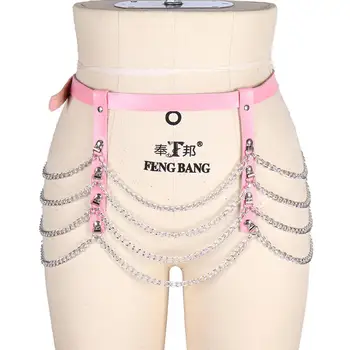 

Pink Leather Waist Harness Chain Metal Goth Punk Strap Bondage Thigh Belt Tassel Sexy Lingerie Women Adjustable Party Dance Rave
