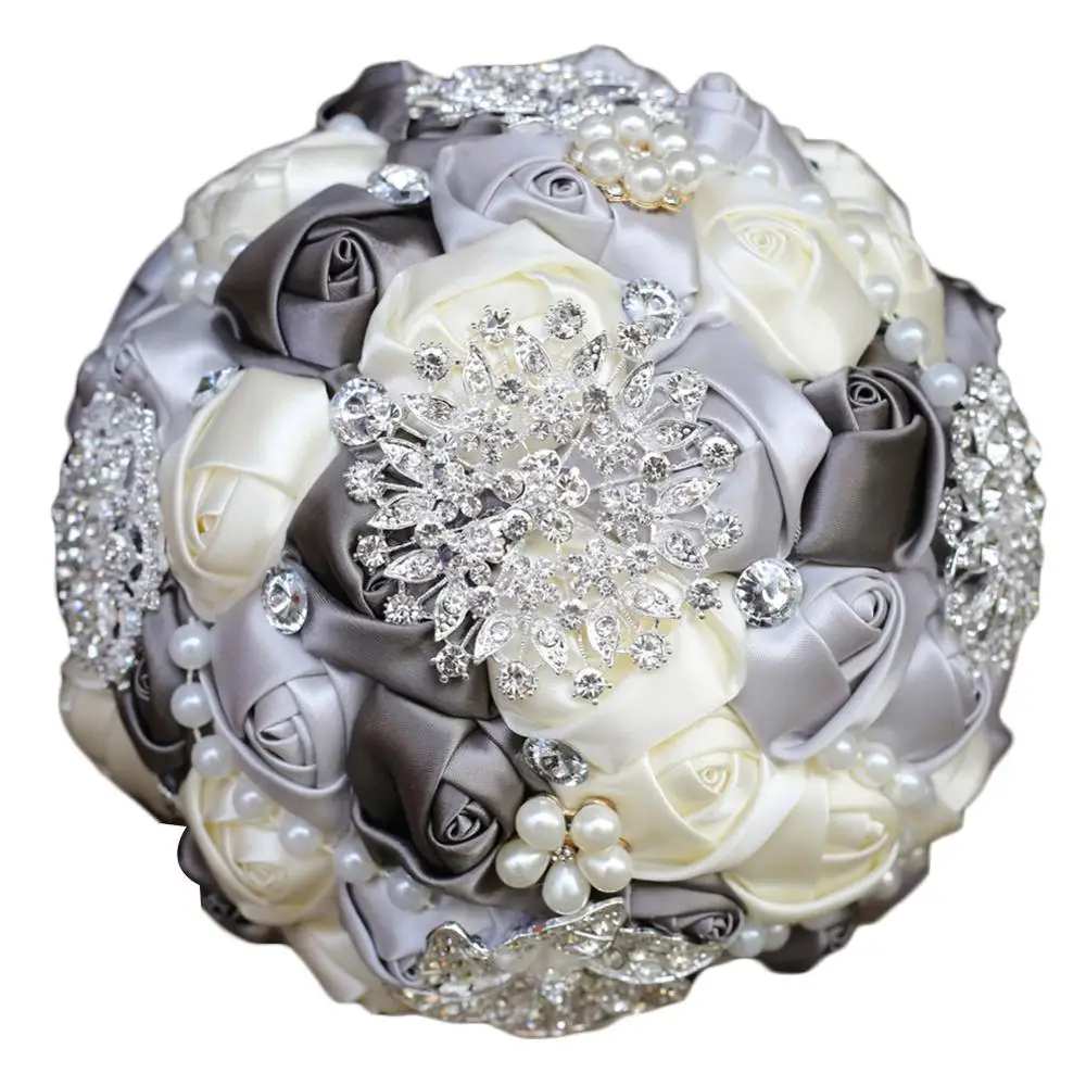 Gray Ivory JaneVini, элегантные свадебные цветы, наборы свадебных букетов, искусственный атлас, роза, кристалл, жемчуг, кружевная ручка, букет Ramo De Boda - Цвет: Gray Ivory