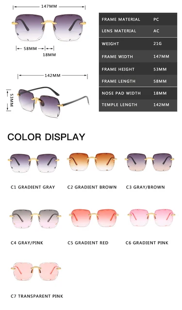2021 Square Rimless Sunglasses Women Luxury Brand Designer Summer Red Glasses Fashion Sun glasses For Men UV400 Shades Oculos 3
