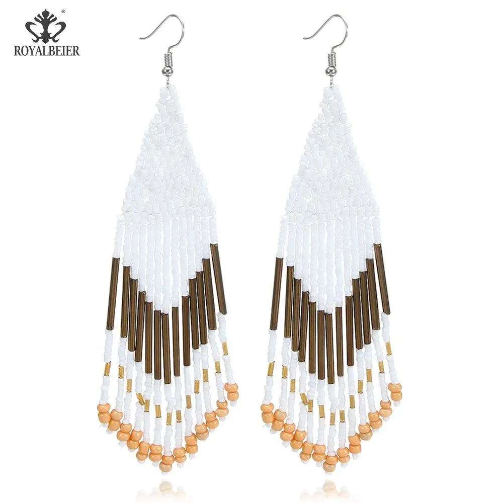 Bohemian earrings9 ROYALBEIER богемные длинные кисточки акриловые перо форма бисера Кулон Серьги Свадебная вечеринка очаровательные ювелирные изделия серьги - Окраска металла: Bohemian earrings9