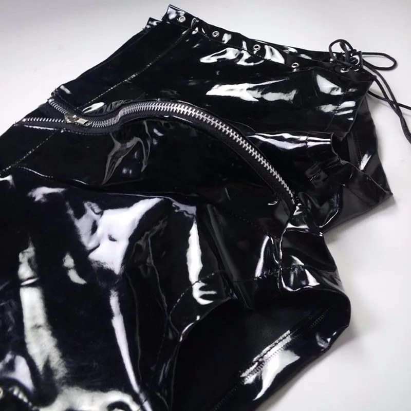 80% OFF 2019 Men's Black Sexy Tight Leather Latex PVC Shorts Men Patent Leather Micro Mini Shorts Pole Dance Hip-hop Drawstring Hotpants