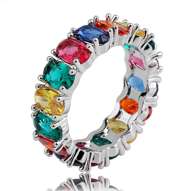 Baguette Rainbow CZ Ring For Women Engagement Wedding Band Jewelry