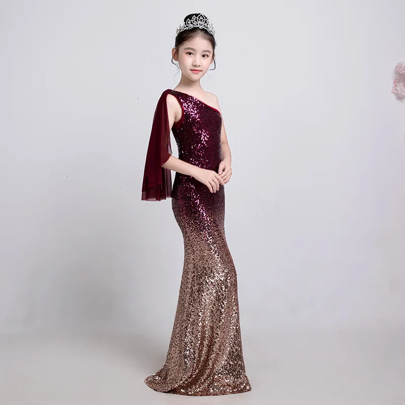 

Kids Gradient Color Mermaid Evening Dress 2019 Children Sequin Flower Girl Princess Skirt Host Show Chinese New Year Costume