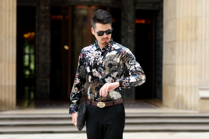 Мужские рубашки в цветах с принтом животных Camisa Social Masculina De Luxo рубашка мужская 2019 с длинными рукавами бархатная рубашка мужская сорочка Homme