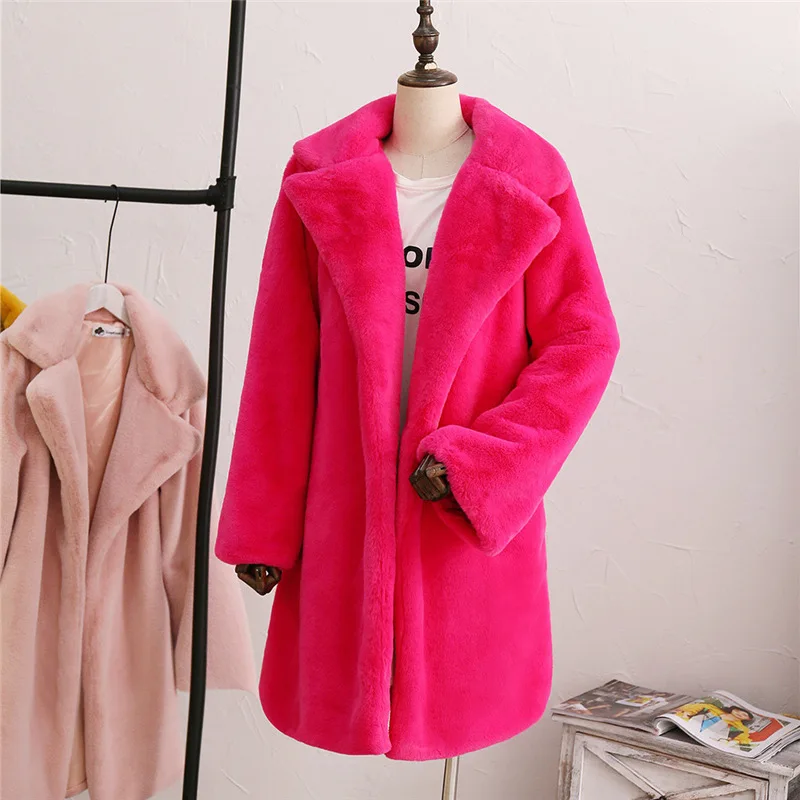 Hot Pink Женское пальто из искусственного меха, модное женское однотонное пальто средней длины, ветровка с отложным воротником, теплое плюшевое пальто для женщин, зимнее пальто размера плюс - Цвет: Hot Pink