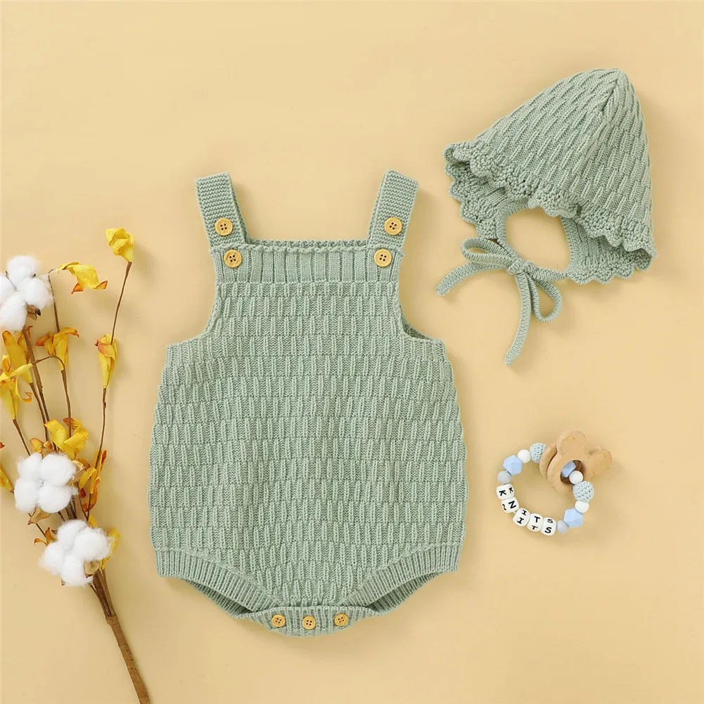 Newborn Knitted Romper Set Casual Cute Baby Girls Sleeveless Square Neck Buttons Jumpsuit with Solid Hat