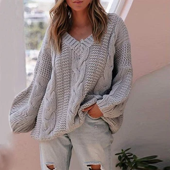 

2020 Women Ribbed Sweater V-neck Autumn Winter Pullover Female Knitted Sweater Jumpers Lantern Sleeve Twisted women's Sweater
