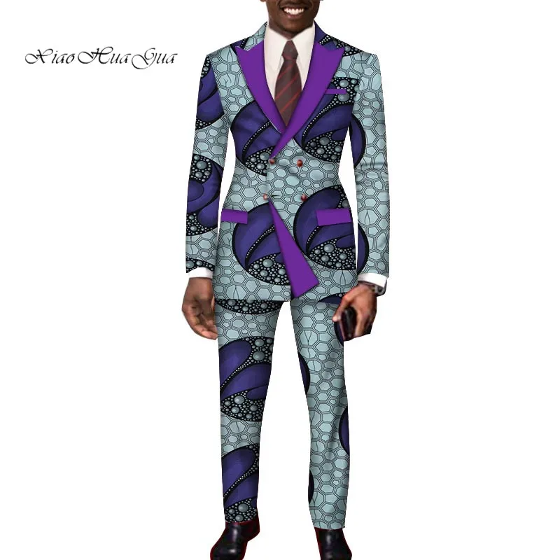Дашики Базен Riche повседневные Костюмы Блейзер и брюки комплект формальный высококачественный Африканский батик печати Мужская модная одежда wyn252 - Цвет: 19