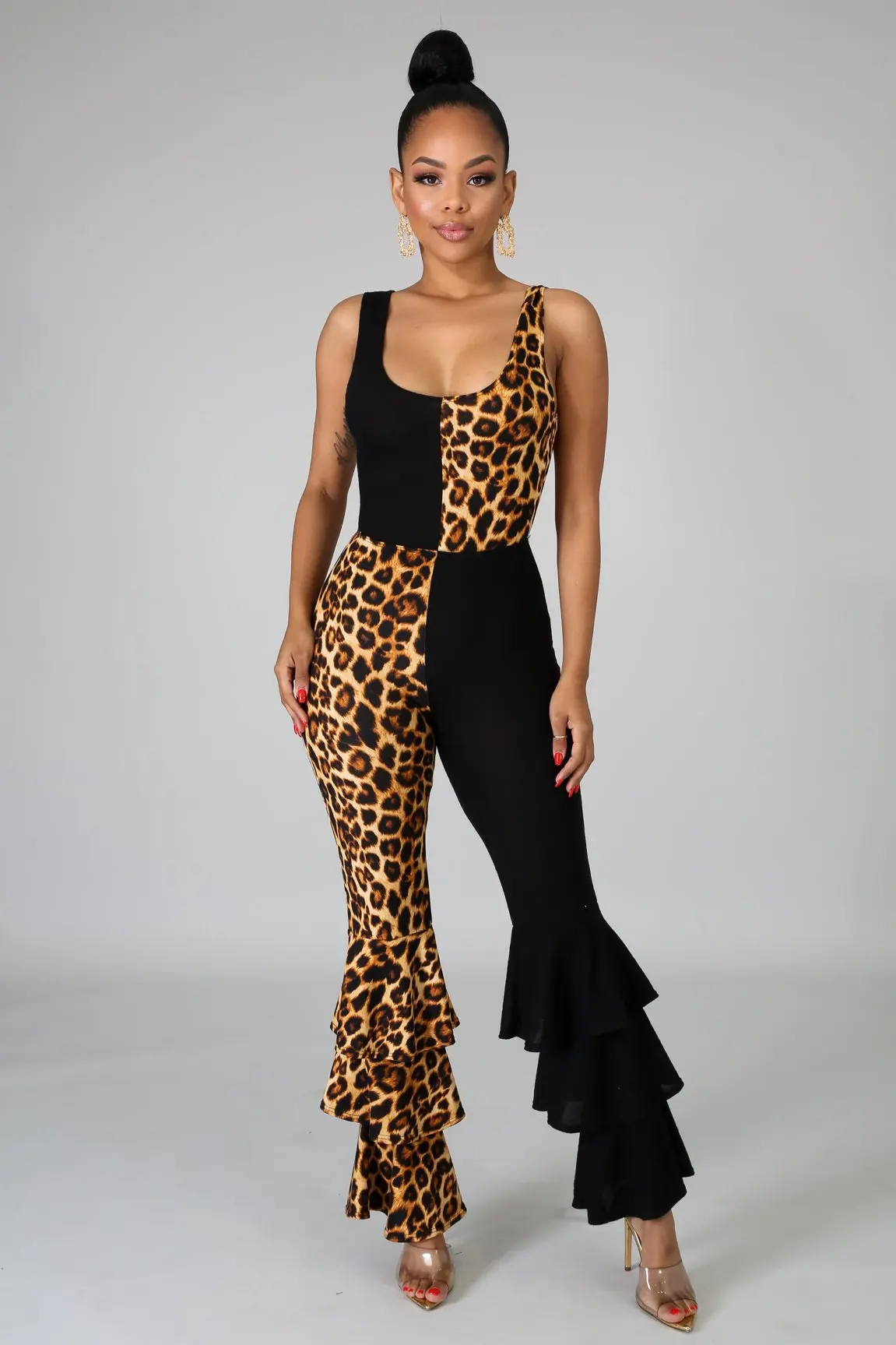 Winter Women Ruffles Jumpsuits Leopard Print Sleeveless O-Neck Outfits Sexy Skinny Rompers Club Night Party One Piece | Женская одежда