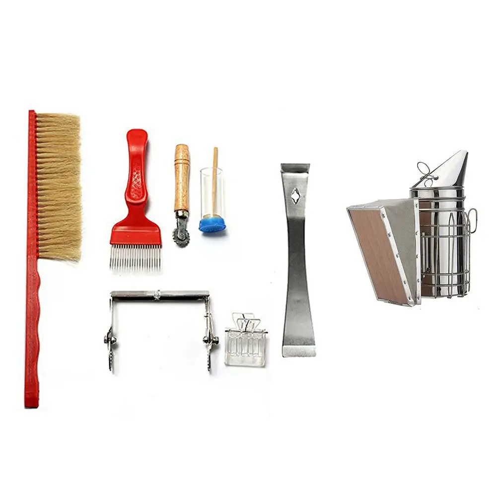 

Stainless Steel Beekeeping Tool Kit Set Of 8 Bee Hive Smoker Brush Scraper Tools Heat Shield Equipment Apiculture Accessories
