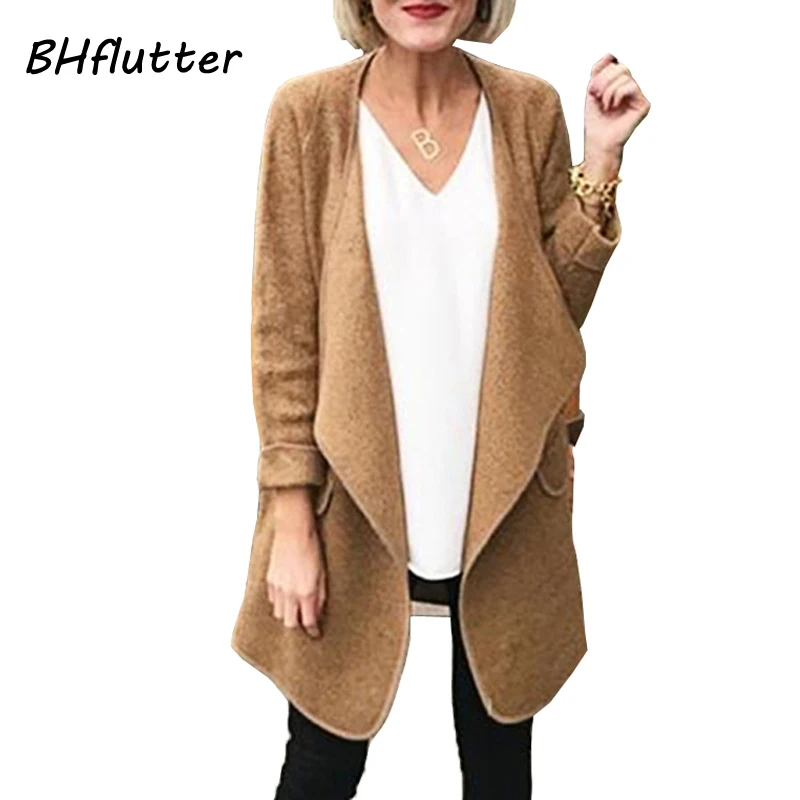 

BHflutter 2019 Winter Coat Women Fashion Long Sleeve Open Stitch Overcoat Turn-down Collar Wool Outerwear abrigo mujer