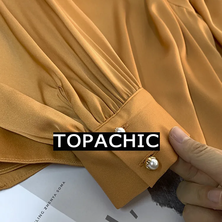 Новинка 12,14,, женская рубашка из шелка, воротник-бант, жемчужные пуговицы, украшение, рукав летучая мышь, темпераментные одноцветные блузки