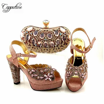 

Fashionable rose gold high heel African shoes and evening bag set with colorful stones CP6001 Heel Height 11cm