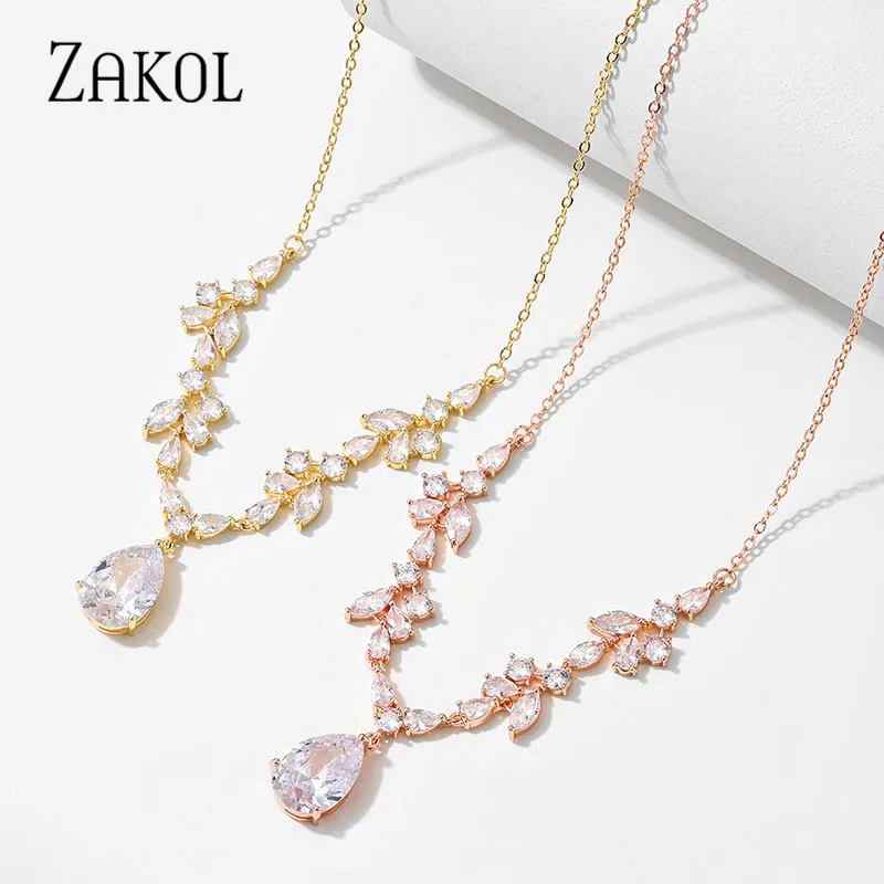 ZAKOL Trendy Water Drop Cubic Zirconia Pendant Necklaces Gold &amp Silver Color Choker Necklace for Women Fashion Bridal Jewelry | Украшения