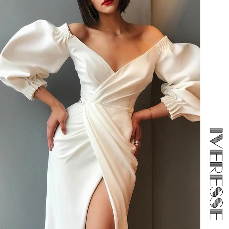 

IVRESSE Autumn Thick High Waist Puff Sleeves Dress Off shoulder Folds Open Sexy Women Pleated Midi Split White Dress OL Vestidos