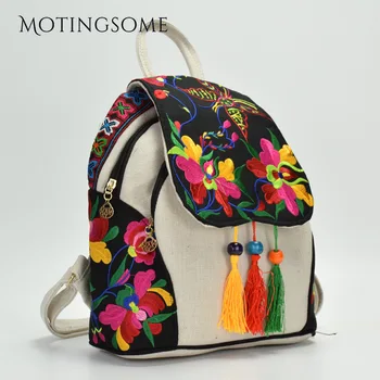 

Retro Chines Style Women Backpack Linen with Floar Pattern Handmade Embroidery Tassel Luxury Designer Original Style 2020 New