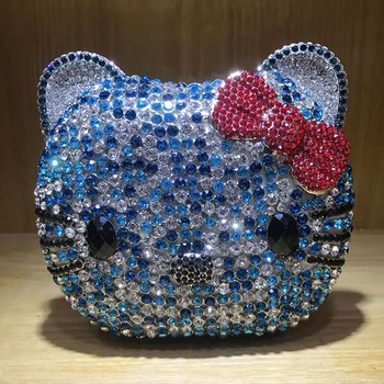 

White/Blue/Black Hello Kitty Shape Rhinstone Crystal Clutch Bag Evening Purse And Diamond Party Prom Mini Chain Minaudiere