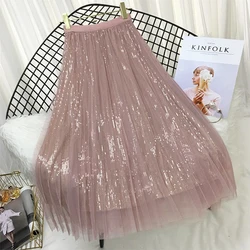 Spring Summer Skirts Women Korea Long Tulle Skirt Sequined Pleated A Line Skirt Chic High Waist Skirt Female