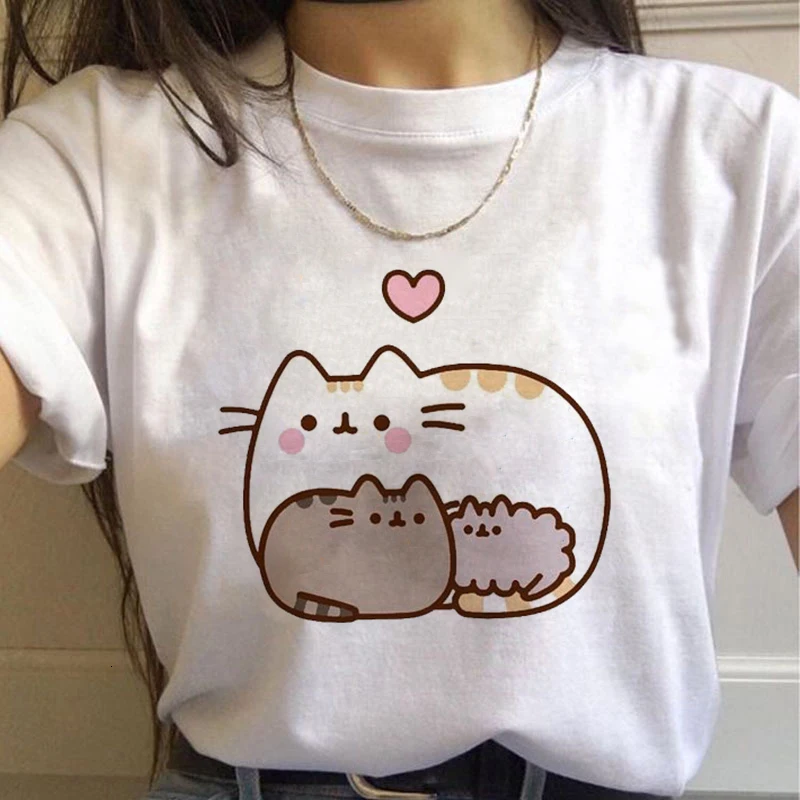 Kawaii Cat, женские футболки, Harajuku Ullzang, забавная футболка, 90 s, мультяшный принт, футболка, графический корейский стиль, топы, футболки, женская одежда