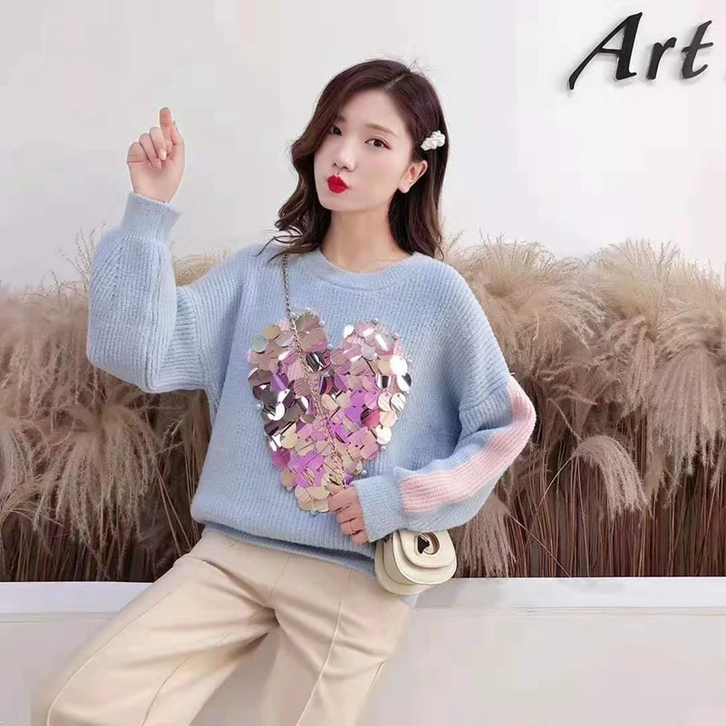 SexeMara fashion The New Loose Long sleeve Sleeve Sequin Beading knitting Sweater free shipping