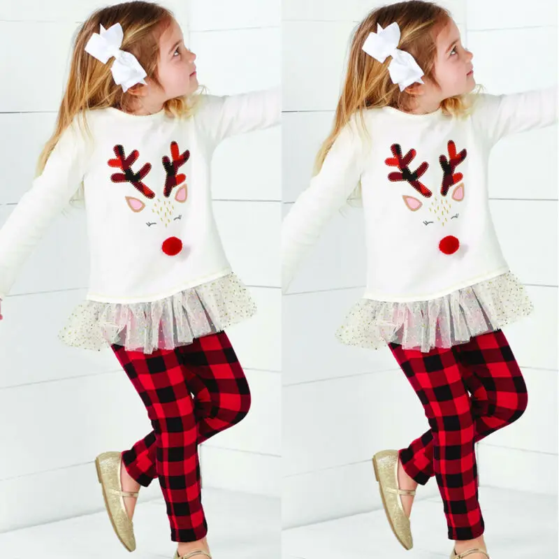Модные милые рождественские топы-пачки с сеточкой и рисунком оленя для маленьких девочек+ красные длинные штаны в клетку комплект одежды из 2 предметов, костюм
