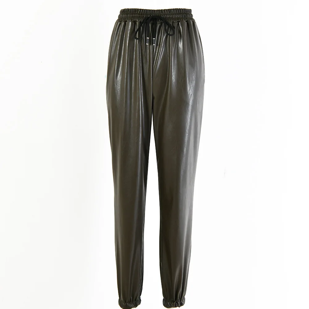 Модные женские брюки из искусственной кожи; уличные женские брюки-карандаш с эластичной резинкой на талии; осенние спортивные брюки с карманами на завязках; крутые брюки; GV109