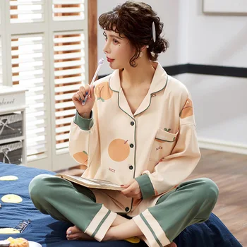 

100% Cotton Spring Cardigan Long Sleeve 100% Cotton Pajamas Suit Ladies Leisure Housewear for Women 2 Pieces Sweet Sleepwear