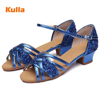 Zapatos de baile latino para niñas y niños, calzado de salón de Salsa Tango con brillo, rosa azul, tacones bajos de 3,5 cm