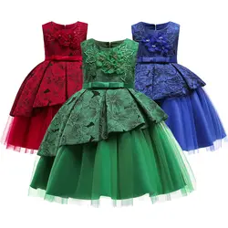 Голубое Кружевное платье из тюля с открытой спиной для девочек на свадьбу, день рождения, нарядная одежда принцессы для маленьких девочек