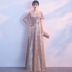 Золотое Платье с v-образным вырезом и коротким рукавом, женские вечерние платья, шикарное Новое китайское современное платье Ципао на