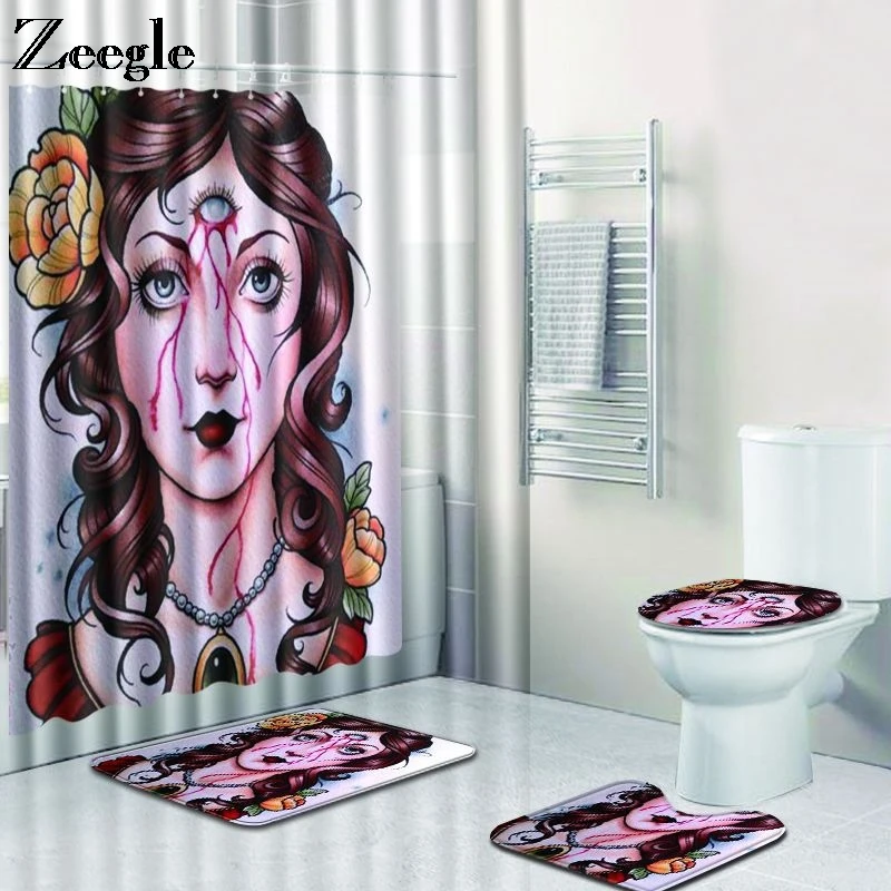 Zeegle Creative Bath Mat with Shower Curtain Set Pedestal Rug Lid Toilet Cover Non-Slip Floor Mat Rug Bathroom Set with Hooks
