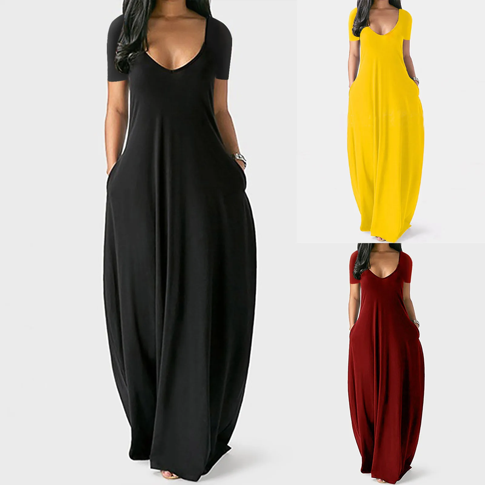 Vestido de verano casuales de las mujeres de talla grande de cuello en V bolsillos Vestido largo manga corta Vestido Casual 2021 Vestido de talla grande # T1G