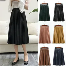 Women High Waist PU Leather Pleated Skirts Skater Casual Maxi Skirt Long Winter Black Red Green Coffee