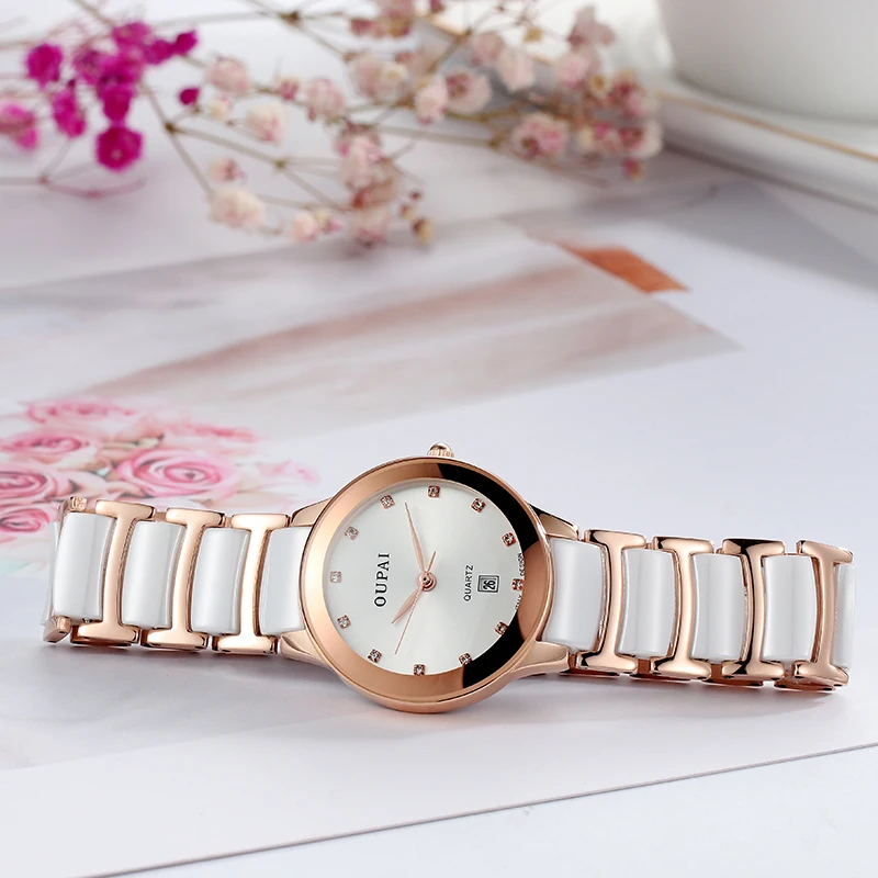 OUAPI Watch Women Diamond Rose Golden White Ceramic Strap Watch Lady Luxury Business Wrist Watch Women for Ladies Reloj Mujer - Цвет: Rose Golden 80051L