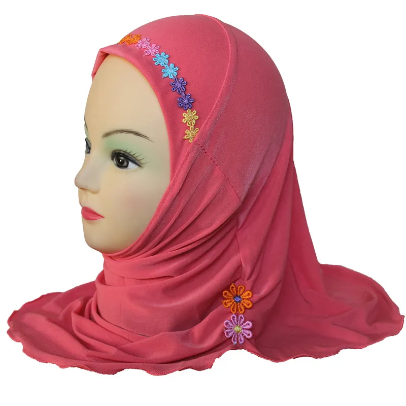 Muslim Hijab Headscarf Islamic Arab Scarf Shawls with Beautiful Flowers for Girls Kids age 2-6 - Цвет: Watermelon Red