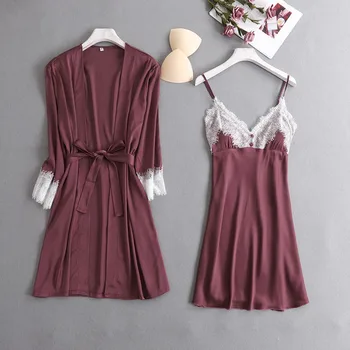 

Robe Set Women Satin 2PCS Sleepwear Sexy Lace Nighty&Robe Set Summer Female Kimono Gown Wedding Gift Twinset Robe Set