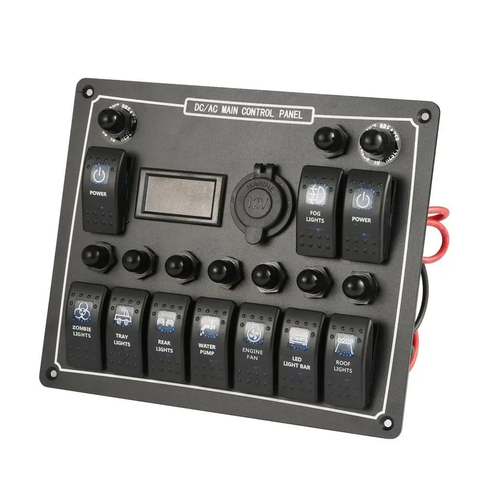 10 Gang Waterproof Car Auto Boat Marine LED AC/DC Rocker Switch Panel Dual Power Control Overload Protection 15A DC Output