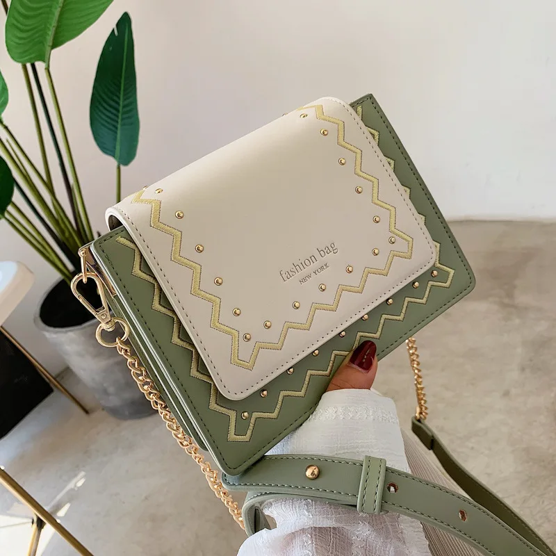 

JIULIN New Wave Car Seam Single Shoulder Pack Fashion Rivet Embroidery Line Slant Square Pack