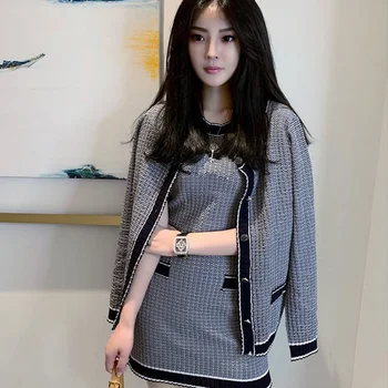 

Elegant Korean Style Autumn Winter Office 2 Piece Set Women Long Sleeve Sweater Tweed Jacket Coat And Knitting Mini Dress Suit