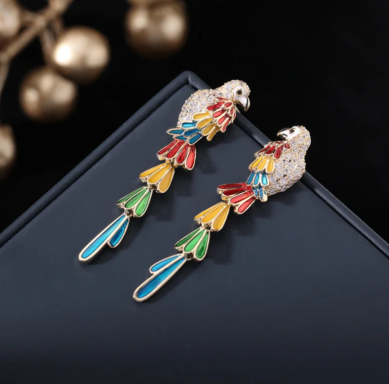 Bohemian Ethnic Style Earrings Temperament Personality Design Sense Bird Long Color Feather Drop Oil Parrot Earrings LYI100