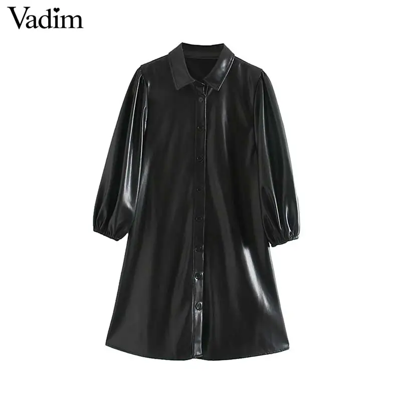 Vadim women elegant solid PU leather mini dress three quarter sleeve turn down collar straight female chic casual dresses QC941