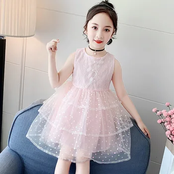 

Pink Blue Dot Children Dresses For Girls Teenager Bow Party Dress Summer Girl Clothing Fashion Cute Sleeveless Child Clothes