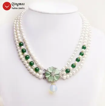 

White Round 6mm Natural Freshwater Pearl Necklace for Women Green Jade 3 Strands Choker 18"