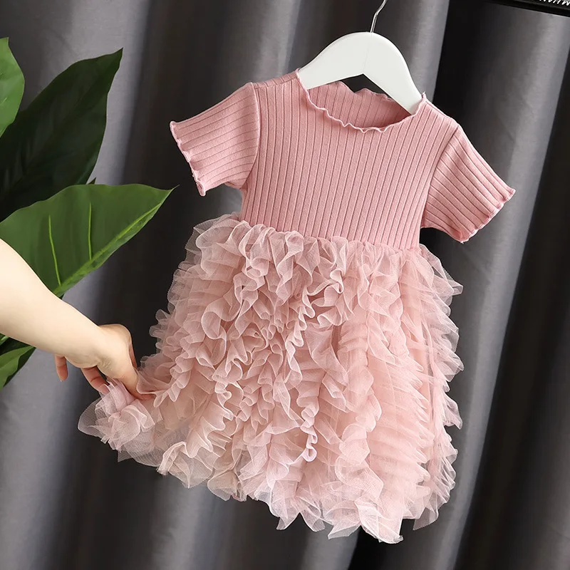 2021 Summer New Baby Girls Dresses Kids Fashion Cute Lace Splicing Dress Short Sleeve Cake Dress for Girls Baby Princess Dress
