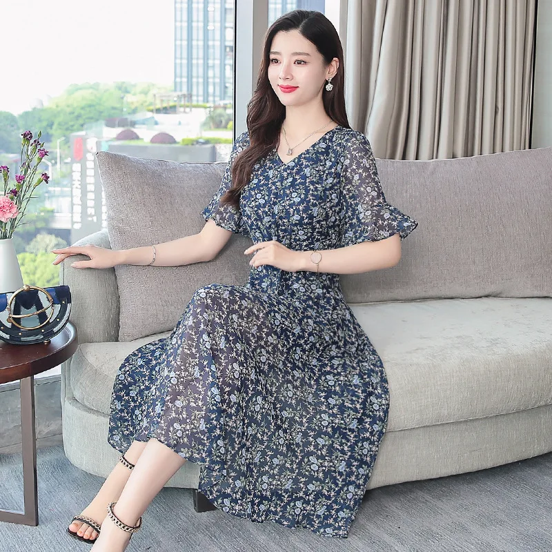 

2019 Summer Fashion New Style Very Fairy of Non-mainstream Floral-Print Chiffon Dress Popular WOMEN'S Dress Summer Fashion Fairy